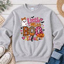Load image into Gallery viewer, Little Miss Bootiful Pumpkins Halloween design on Ash Grey crewneck sweatshirt