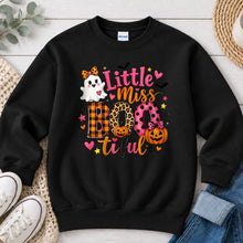 Load image into Gallery viewer, Little Miss Bootiful Pumpkins Halloween design on Black crewneck sweatshirt