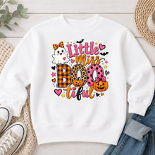 Load image into Gallery viewer, Little Miss Bootiful Pumpkins Halloween design on White crewneck sweatshirt