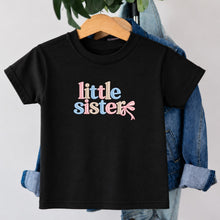 Load image into Gallery viewer, Little Sister Blue Tan Bow design on black kids t-shirt