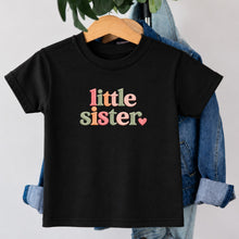 Load image into Gallery viewer, Little Sister Coral Sage Heart design on black kids t-shirt