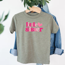 Load image into Gallery viewer, Little Sister Hot Pink Heart design on sage kids t-shirt