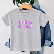 Load image into Gallery viewer, Little Sister Lavender Heart design on heather grey kids t-shirt
