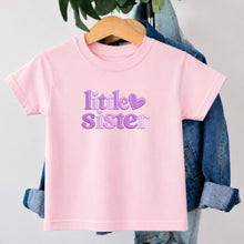 Load image into Gallery viewer, Little Sister Lavender Heart design on pink kids t-shirt