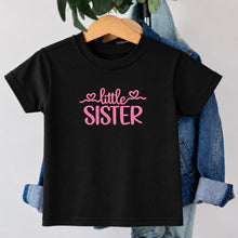 Load image into Gallery viewer, Little Sister Pink Heart Script design on black kids t-shirt