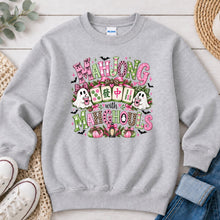 Load image into Gallery viewer, Mahjong With My Mahghouls Pink Mahjong design on Ash Grey crewneck sweatshirt