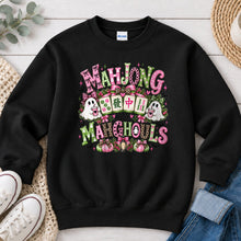 Load image into Gallery viewer, Mahjong With My Mahghouls Pink Mahjong design on Black crewneck sweatshirt