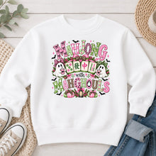 Load image into Gallery viewer, Mahjong With My Mahghouls Pink Mahjong design on White crewneck sweatshirt