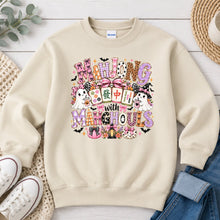 Load image into Gallery viewer, Mahjong With My Mahghouls Purple Mahjong design on Sand crewneck sweatshirt