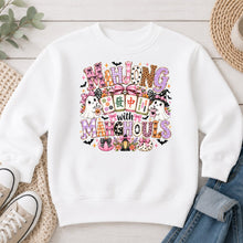 Load image into Gallery viewer, Mahjong With My Mahghouls Purple Mahjong design on White crewneck sweatshirt