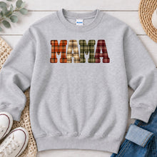 Load image into Gallery viewer, Mama Fall Plaid Halloween design on Ash Grey crewneck sweatshirt