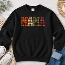 Load image into Gallery viewer, Mama Fall Plaid Halloween design on Black crewneck sweatshirt