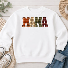 Load image into Gallery viewer, Mama Fall Plaid Halloween design on White crewneck sweatshirt