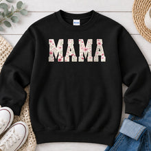 Load image into Gallery viewer, Mama Floral Pink Mom & Family design on Black crewneck sweatshirt