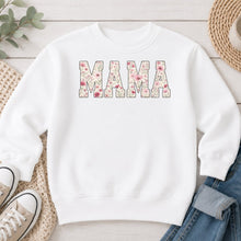 Load image into Gallery viewer, Mama Floral Pink Mom & Family design on White crewneck sweatshirt
