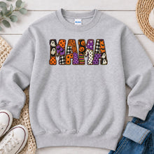 Load image into Gallery viewer, Mama Ghost Pumpkin Purple Plaid Halloween design on Ash Grey crewneck sweatshirt