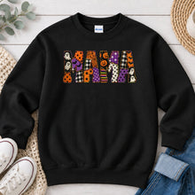Load image into Gallery viewer, Mama Ghost Pumpkin Purple Plaid Halloween design on Black crewneck sweatshirt