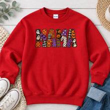 Load image into Gallery viewer, Mama Ghost Pumpkin Purple Plaid Halloween design on Red crewneck sweatshirt