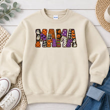 Load image into Gallery viewer, Mama Ghost Pumpkin Purple Plaid Halloween design on Sand crewneck sweatshirt
