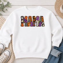 Load image into Gallery viewer, Mama Ghost Pumpkin Purple Plaid Halloween design on White crewneck sweatshirt