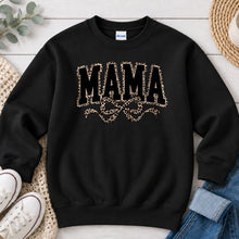 Load image into Gallery viewer, Mama Leopard Bow Mom & Family design on Black crewneck sweatshirt