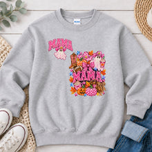 Load image into Gallery viewer, Mama Pumpkin Collage Halloween design on Ash Grey crewneck sweatshirt