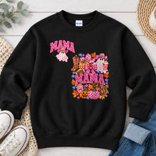 Load image into Gallery viewer, Mama Pumpkin Collage Halloween design on Black crewneck sweatshirt