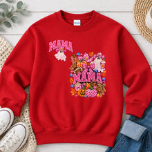 Load image into Gallery viewer, Mama Pumpkin Collage Halloween design on Red crewneck sweatshirt