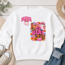 Load image into Gallery viewer, Mama Pumpkin Collage Halloween design on White crewneck sweatshirt