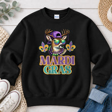 Load image into Gallery viewer, Mardi Gras Buck Hunting design on Black crewneck sweatshirt