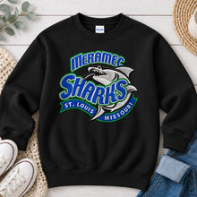 Load image into Gallery viewer, Meramec Sharks Faux Embroidery Spirit Wear design on Black crewneck sweatshirt