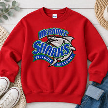 Load image into Gallery viewer, Meramec Sharks Faux Embroidery Spirit Wear design on Red crewneck sweatshirt