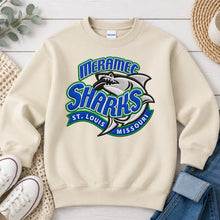 Load image into Gallery viewer, Meramec Sharks Faux Embroidery Spirit Wear design on Sand crewneck sweatshirt