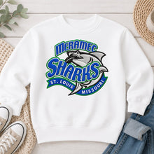 Load image into Gallery viewer, Meramec Sharks Faux Embroidery Spirit Wear design on White crewneck sweatshirt