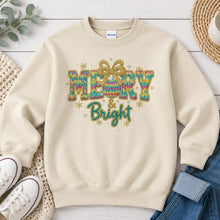 Load image into Gallery viewer, Merry And Bright Chenille Christmas design on Sand crewneck sweatshirt