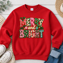 Load image into Gallery viewer, Merry and Bright Embroidered Patchwork Christmas design on Red crewneck sweatshirt