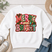 Load image into Gallery viewer, Merry and Bright Embroidered Patchwork Christmas design on White crewneck sweatshirt