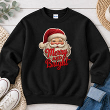 Load image into Gallery viewer, Merry And Bright Faux Yarn Santa Christmas design on Black crewneck sweatshirt