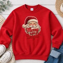 Load image into Gallery viewer, Merry And Bright Faux Yarn Santa Christmas design on Red crewneck sweatshirt