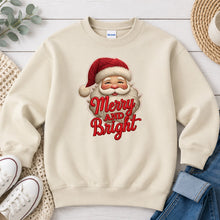 Load image into Gallery viewer, Merry And Bright Faux Yarn Santa Christmas design on Sand crewneck sweatshirt