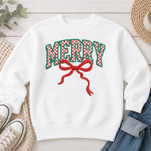 Load image into Gallery viewer, Merry Bow Christmas design on White crewneck sweatshirt
