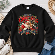 Load image into Gallery viewer, Merry Christmas Believe In The Magic Christmas design on Black crewneck sweatshirt