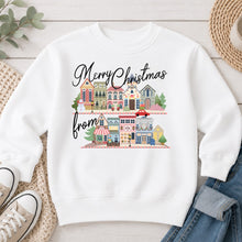 Load image into Gallery viewer, Merry Christmas From Village Christmas design on White crewneck sweatshirt