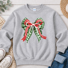Load image into Gallery viewer, Merry Christmas Gingham Bow Christmas design on Ash Grey crewneck sweatshirt