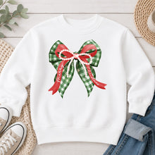 Load image into Gallery viewer, Merry Christmas Gingham Bow Christmas design on White crewneck sweatshirt
