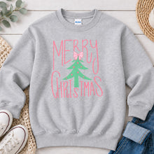 Load image into Gallery viewer, Merry Christmas Pink Tree Christmas design on Ash Grey crewneck sweatshirt