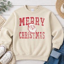 Load image into Gallery viewer, Merry Christmas Santa Distressed Christmas design on Sand crewneck sweatshirt