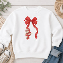 Load image into Gallery viewer, Merry Christmas Santa On Bow Christmas design on White crewneck sweatshirt