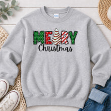 Load image into Gallery viewer, Merry Christmas Tree Cake Christmas design on Ash Grey crewneck sweatshirt