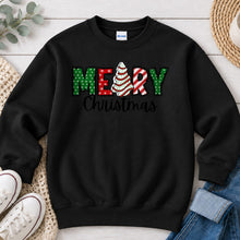 Load image into Gallery viewer, Merry Christmas Tree Cake Christmas design on Black crewneck sweatshirt